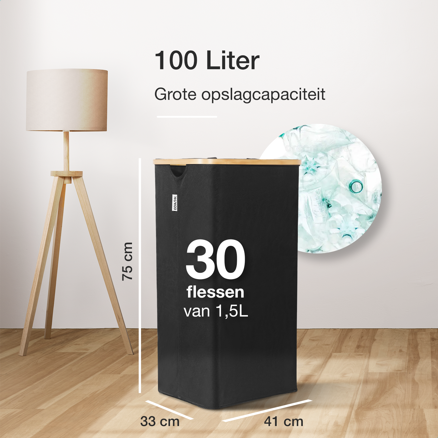 Statiegeld Container | Verzamelmand voor Statiegeld | Met Deksel en Wasbare Zak | Voor Lege Flessen en Blikjes | 100L